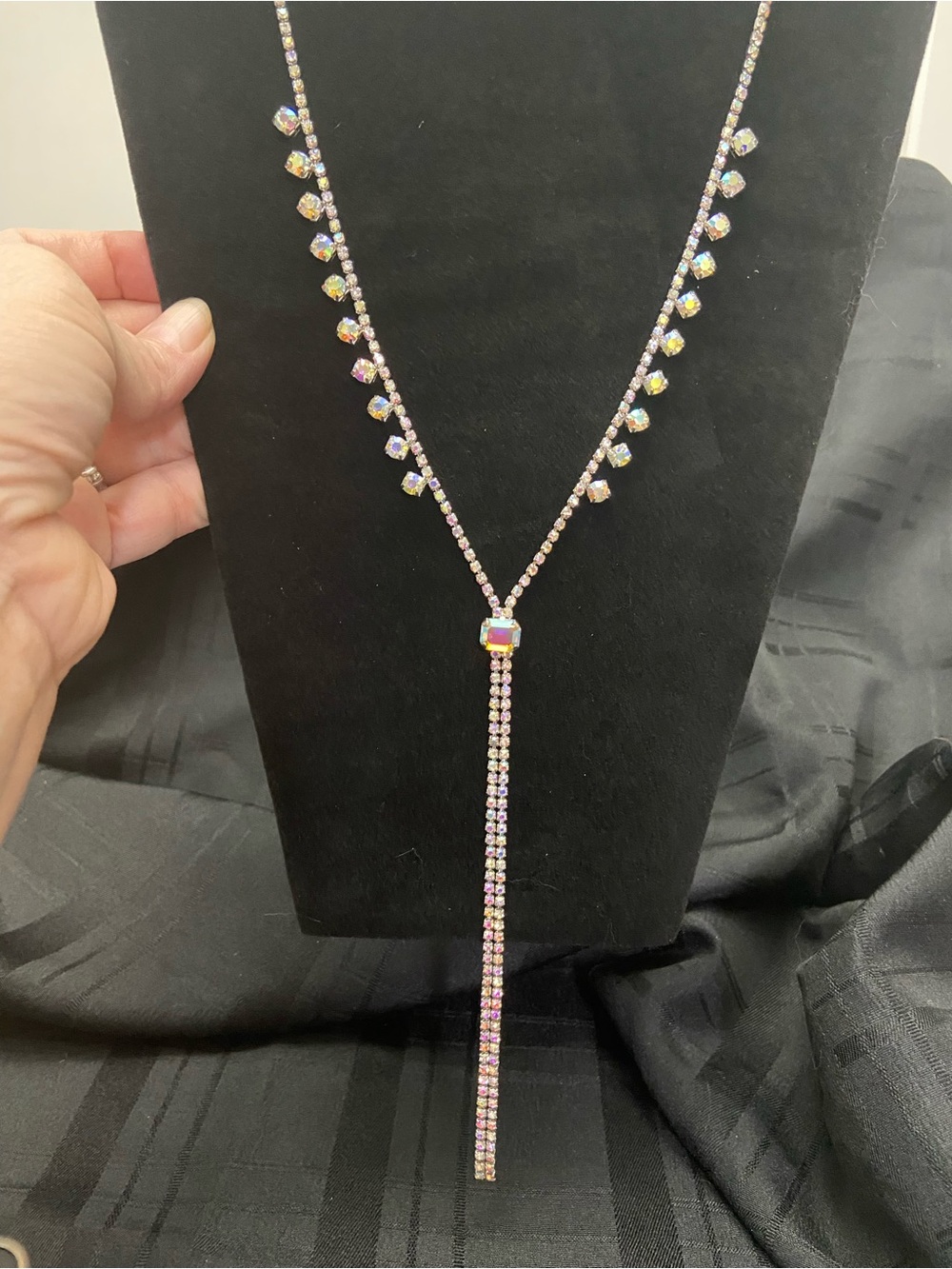 Aurora Borealis Rhinestone Drop Lariat Necklace